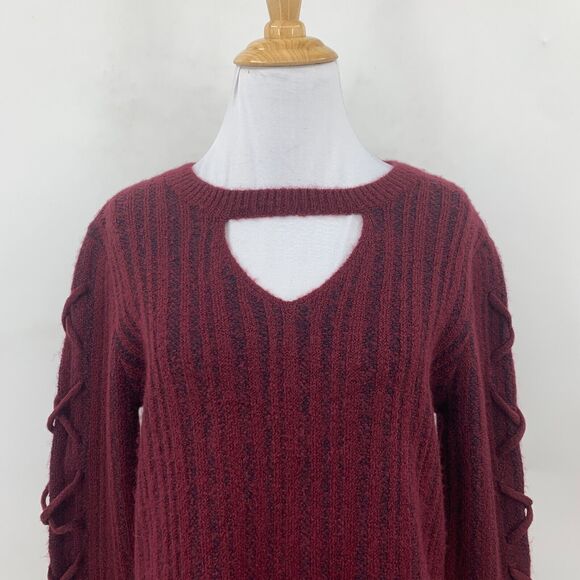 Rock & Republic Cutout Sweater Women XS Extra Small Maroon Lace Up Sleeve Chunky - Picture 3 of 14